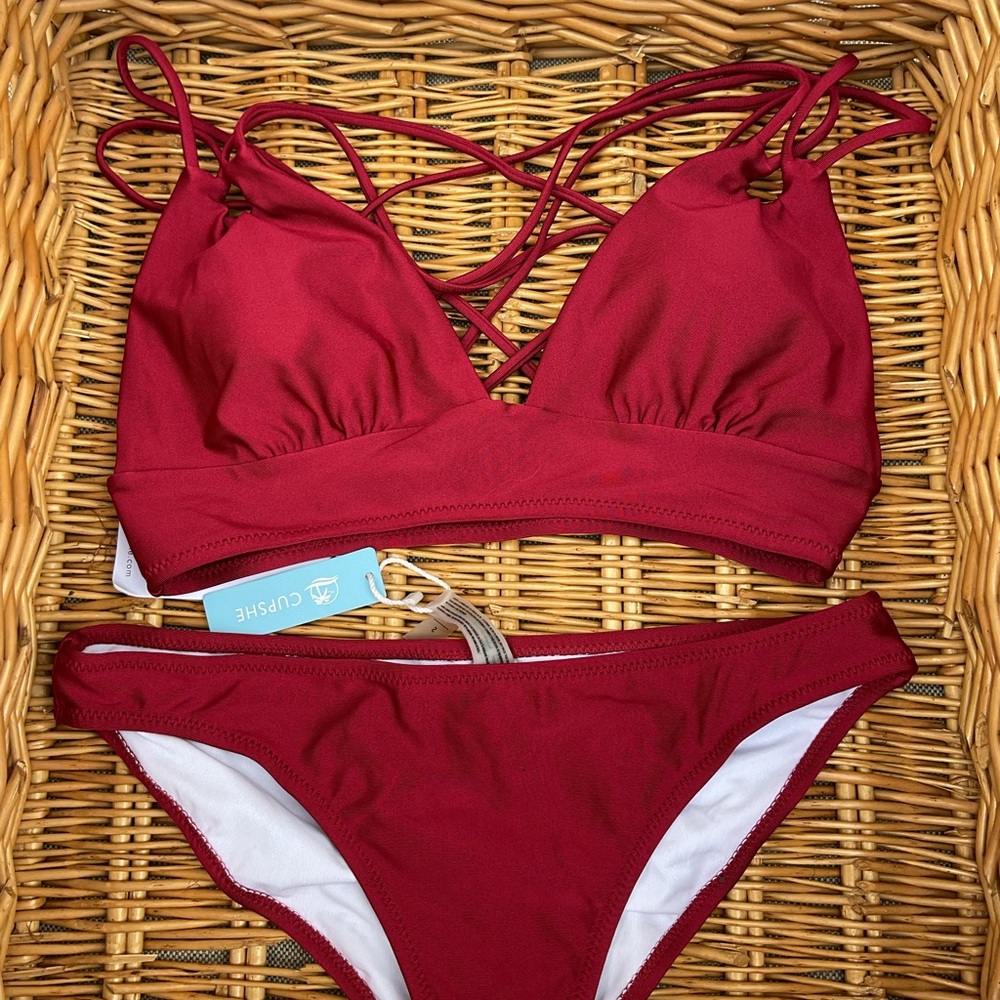 Cupshe Burgundy Criss-Cross Bikini Set